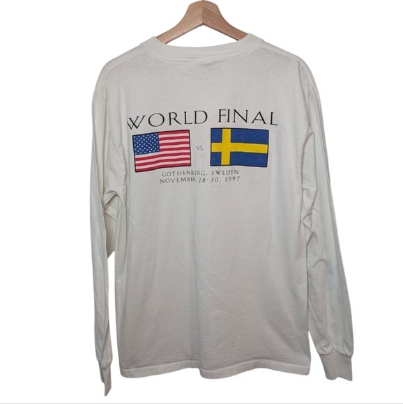 Vintage 90's Davis World final Sweden crew neck long sleeve White Cotton T shirt - Picture 3 of 8